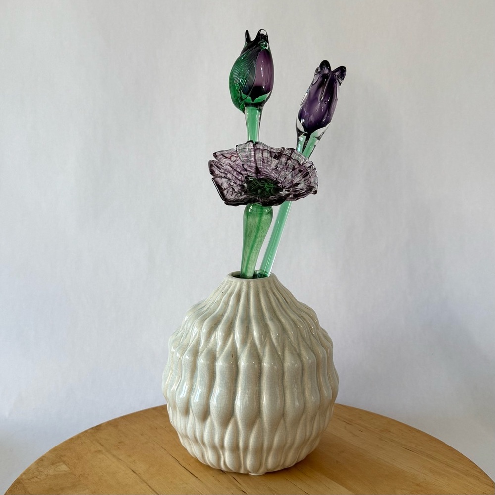 Single Hand Blown Murano Deep Purple Long Stem Glass Flower, Tulip w Petal READ!